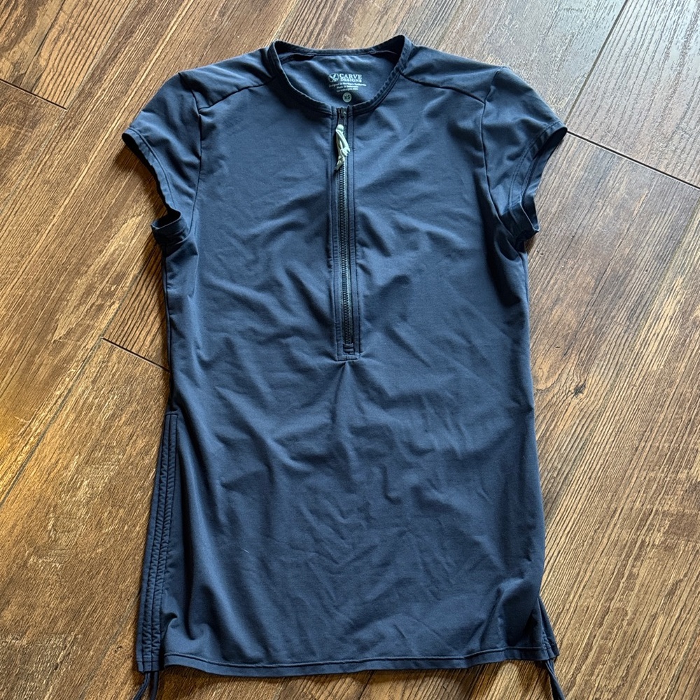 Carve Design Short Sleeve Zip-Up Swim Top, Navy Blue, Size XS